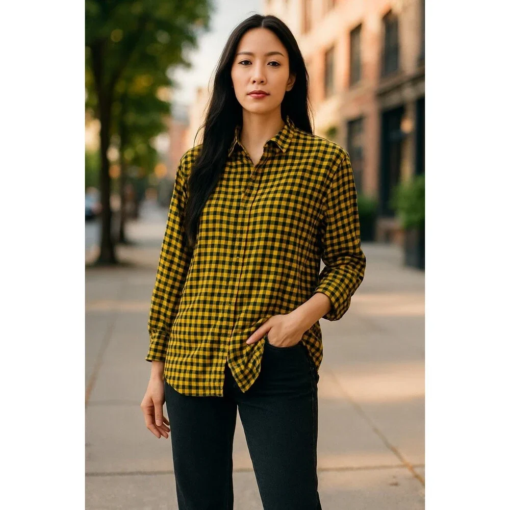 Vintage Indygo Kenar Yellow and Black Flannel Shirt Womens Free Size 100% Cotton